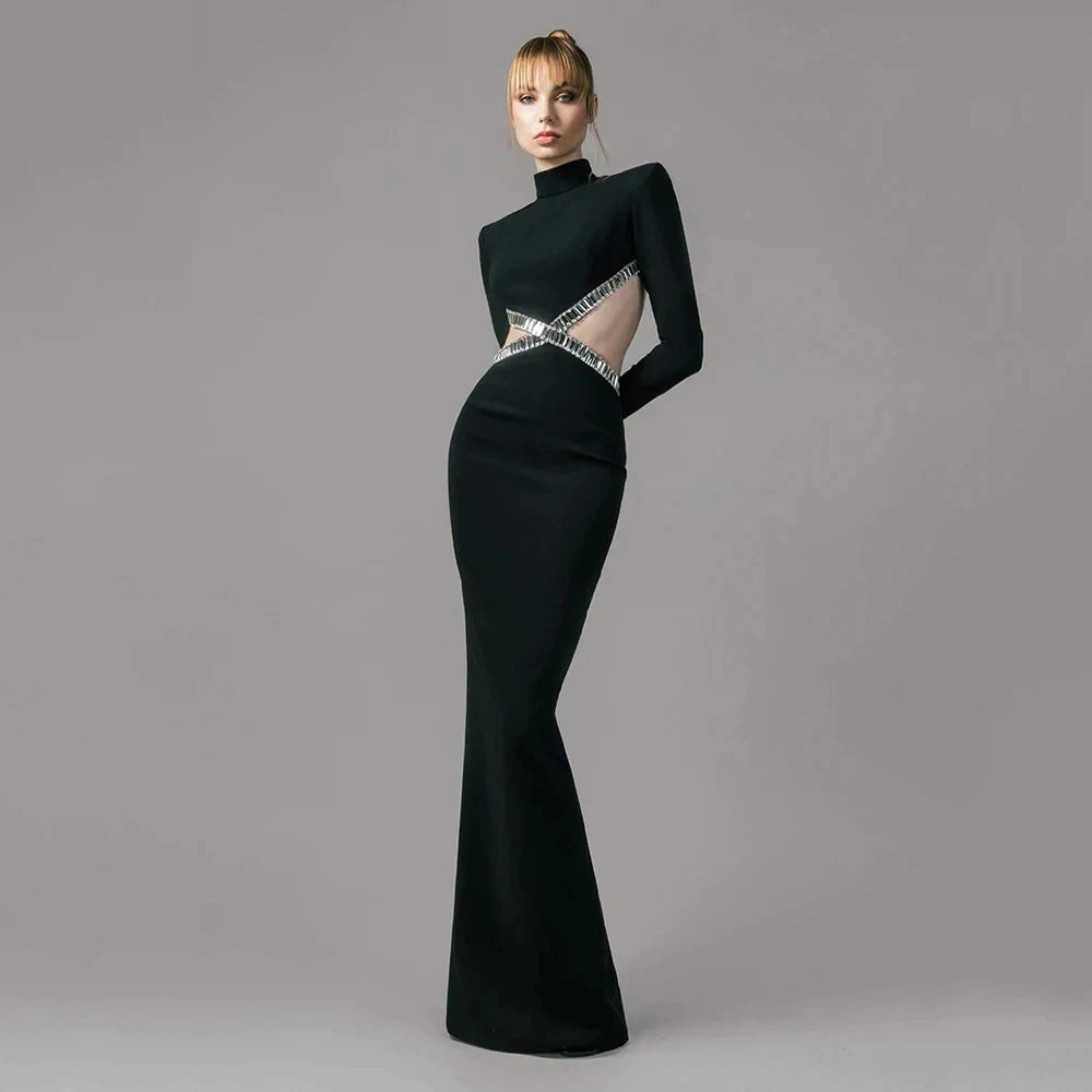 Luxury Squares Diamonds Sexy Hollows Out Blackless Long Dress Elegant Goddess Evening Dress Celebrity Party Outfit