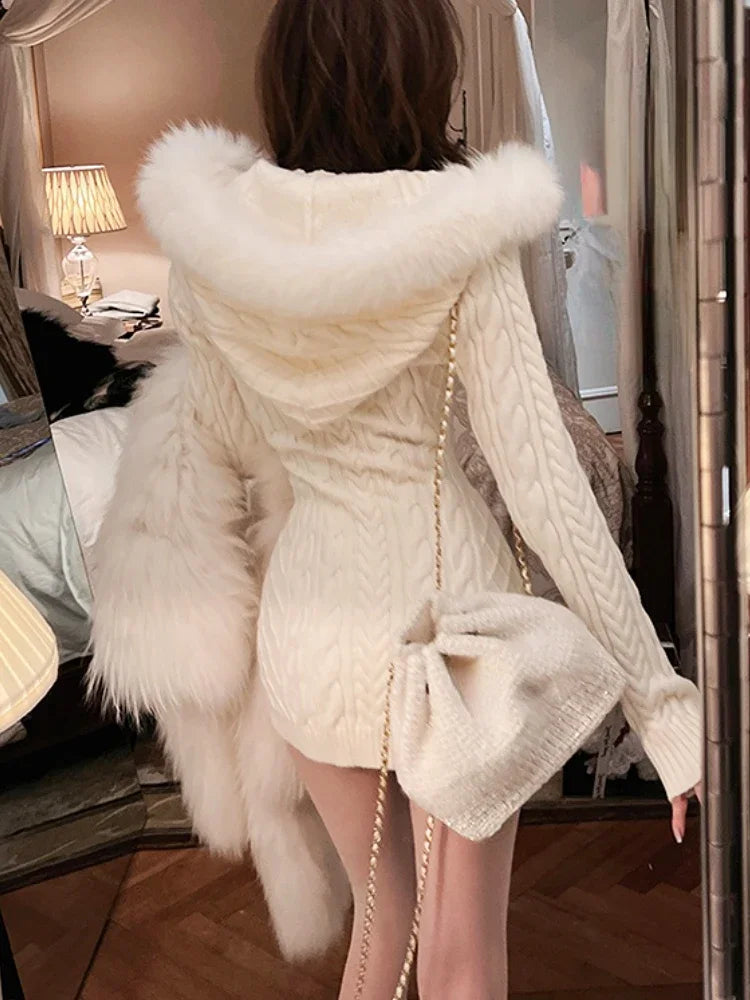2023 Winter Knitted Sweater Dress with Hooded Women Slim Bodycon Y2k Mini Dress Faux Fur Female One Piece Dress Korean Elegant Beige Dress