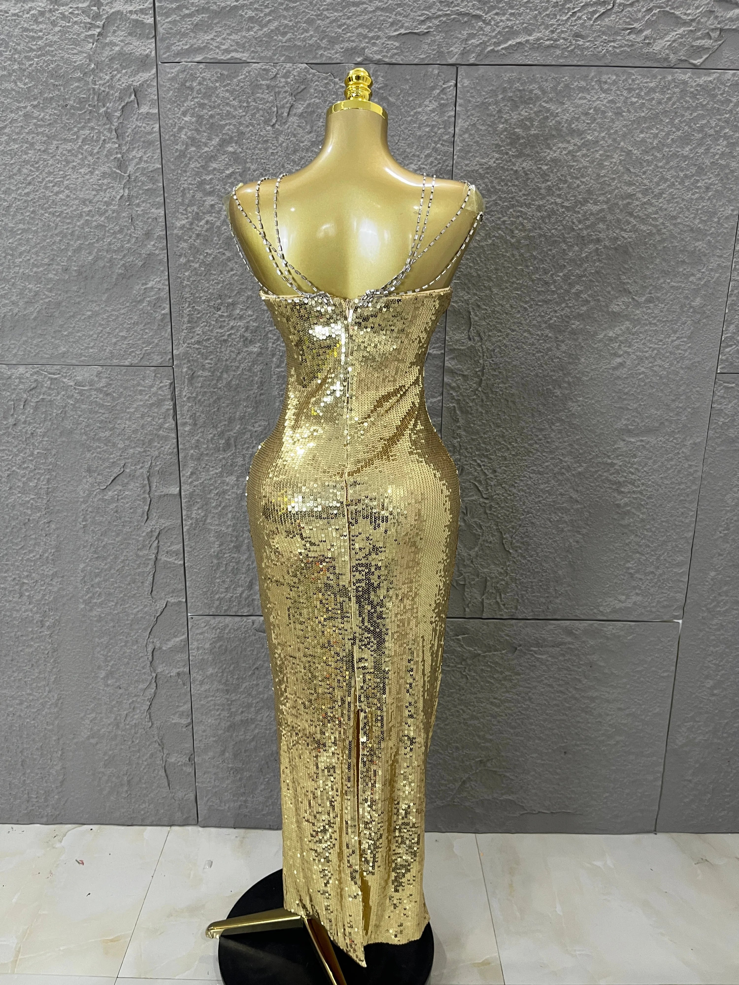 Classic Gold Sequin Mermaid Dress Rhinestone Chain Shoulder Straps Sweetheart Neck Formal Evening Gala Photoshoot Cocktail Party