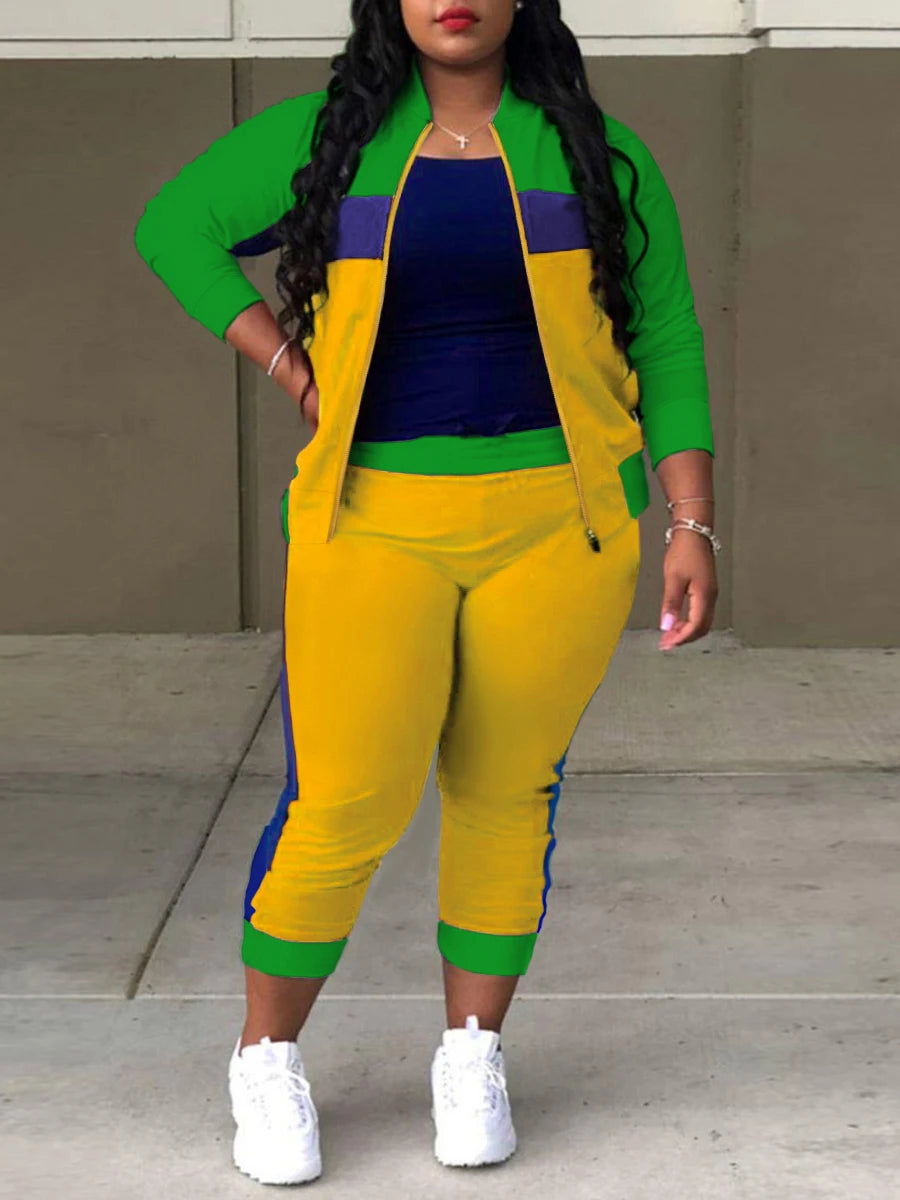 LW Plus Size Zipper Design Patchwork Pants Set Women Color Block Mandarin Collar Tracksuits Long Sleeve Two Pieces Outfits MULTI
