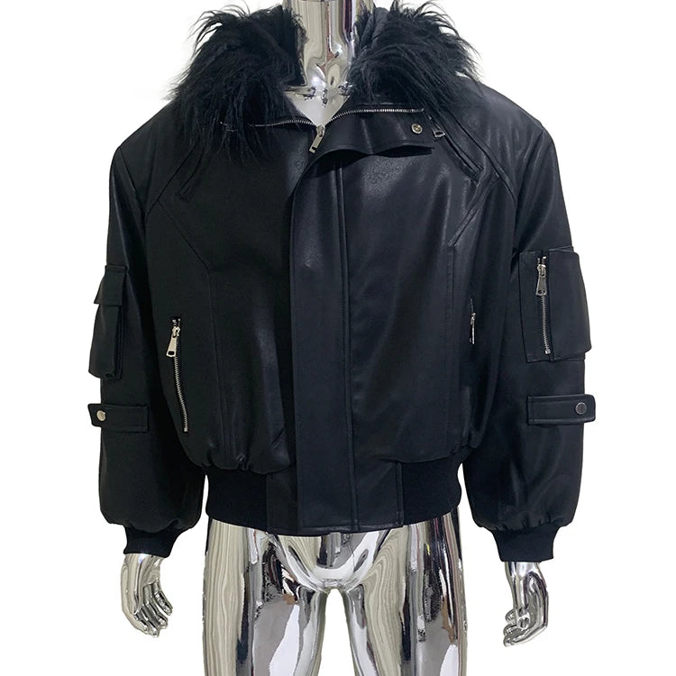 Mauroicardi Autumn Winter Short Oversized Black Warm Pu Leather Jacket Men with Faux Fur Trim Hood Loose Casual Korean Fashion