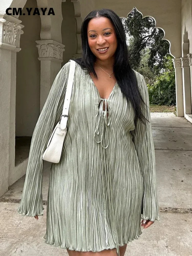 Long Sleeve Women V-neck Pleated Dress Casual Streetwear Plus Size Mini Dresses 2024 Autumn Slim Party Casual