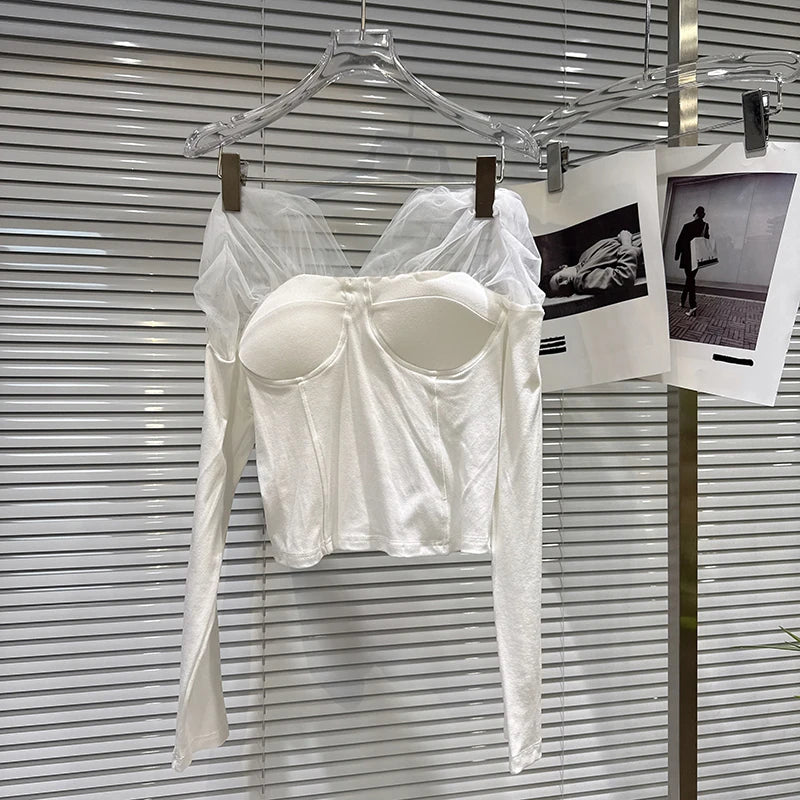 Winter New Fashion Sweet Mesh Patchwork Design Chest Pad Long Sleeve T-Shirt For Women Slim Fit Tops Female 11A07751