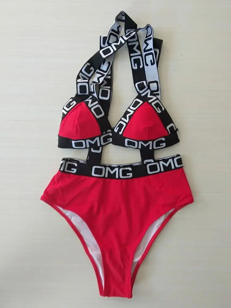 Neon Women Swimsuit Push Up Bikini Swimwear High Waist Bathing Suit OMG Letter Print One Piece Monokini Beachwear Swimsuit