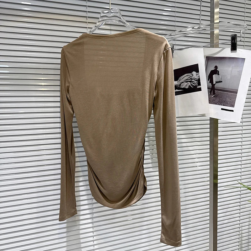 Winter New Niche Design Square Neck Lace Edge Design Long Sleeve Base T-Shirt For Women Slim Fit Top Female 11A07699