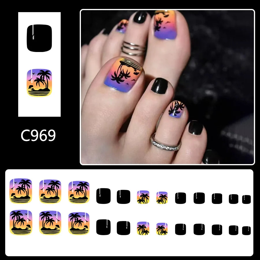 24pcs Summer Beach False Toenails Blue French Square Fake Toenails Wearable Coconut Trees Shell Print Press on Nails for Toe 3