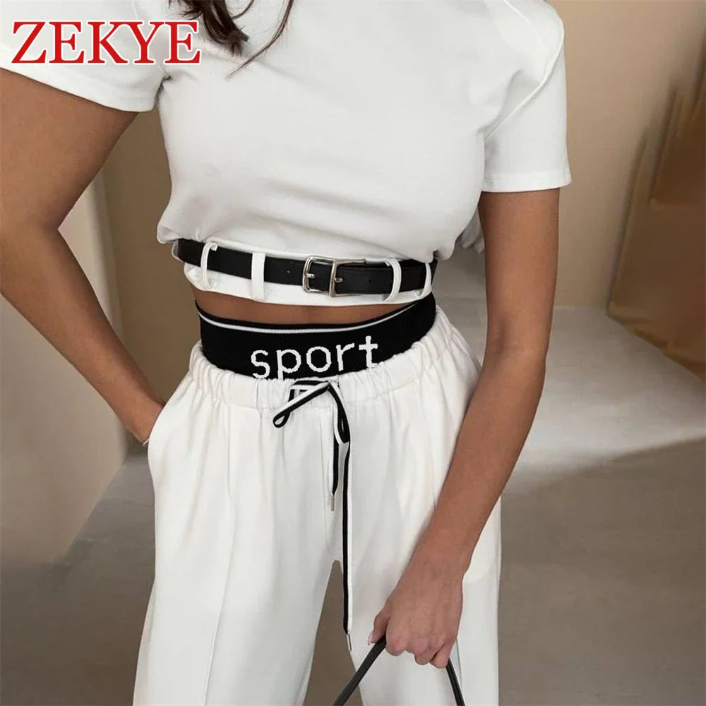 Zekye Casual White Loose Wide Leg Pants Set Women Outfit Korean Patchwork Street Style Short Sleeve T Shirts 2 Pieces Set Top