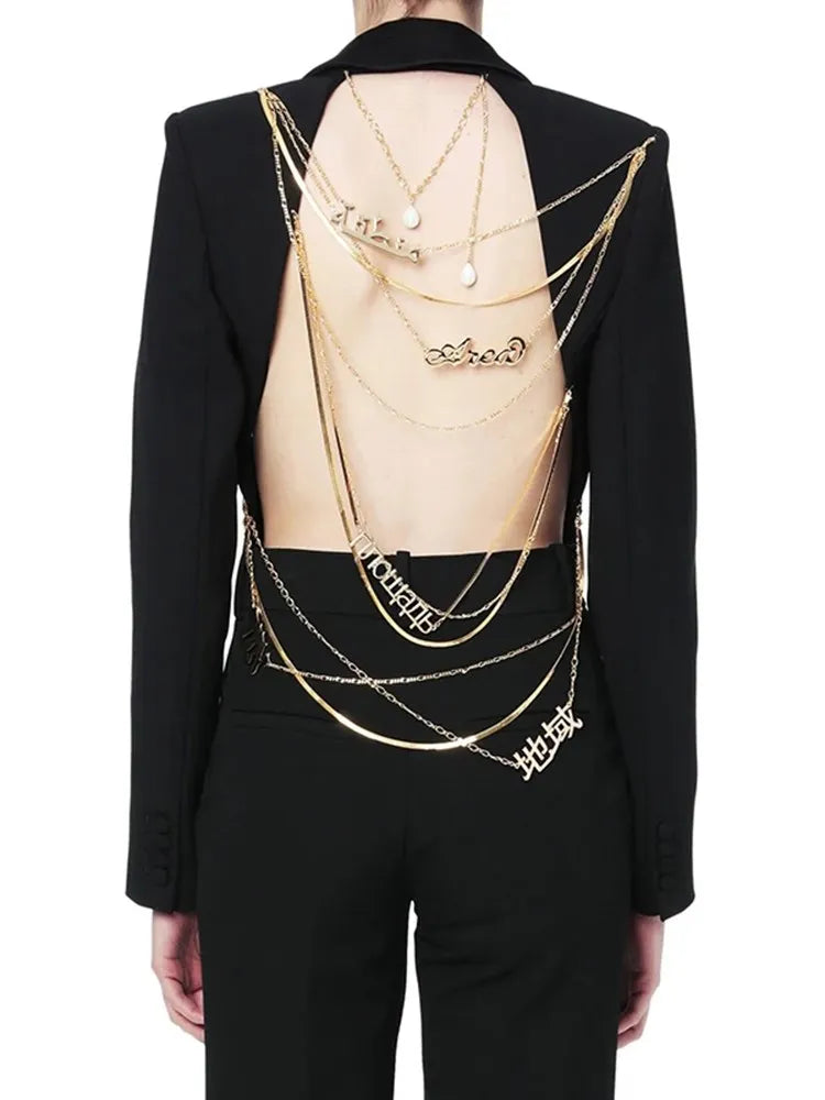 Backless Spliced Button Blazers For Women Notched Collar Long Sleeve Patchwork Chain Chic Blazer Female Fashion New