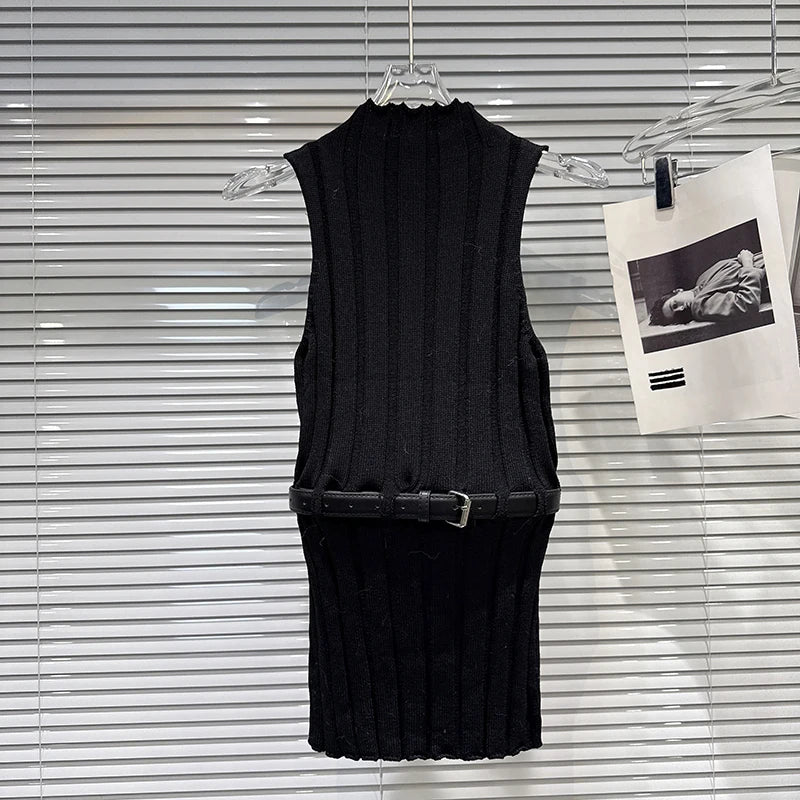 Winter New Fashion Off-Shoulder Belted Slim Knitted Vest For Women Solid Color Versatile Long Sleeveless Top 11A07505 Black One Size