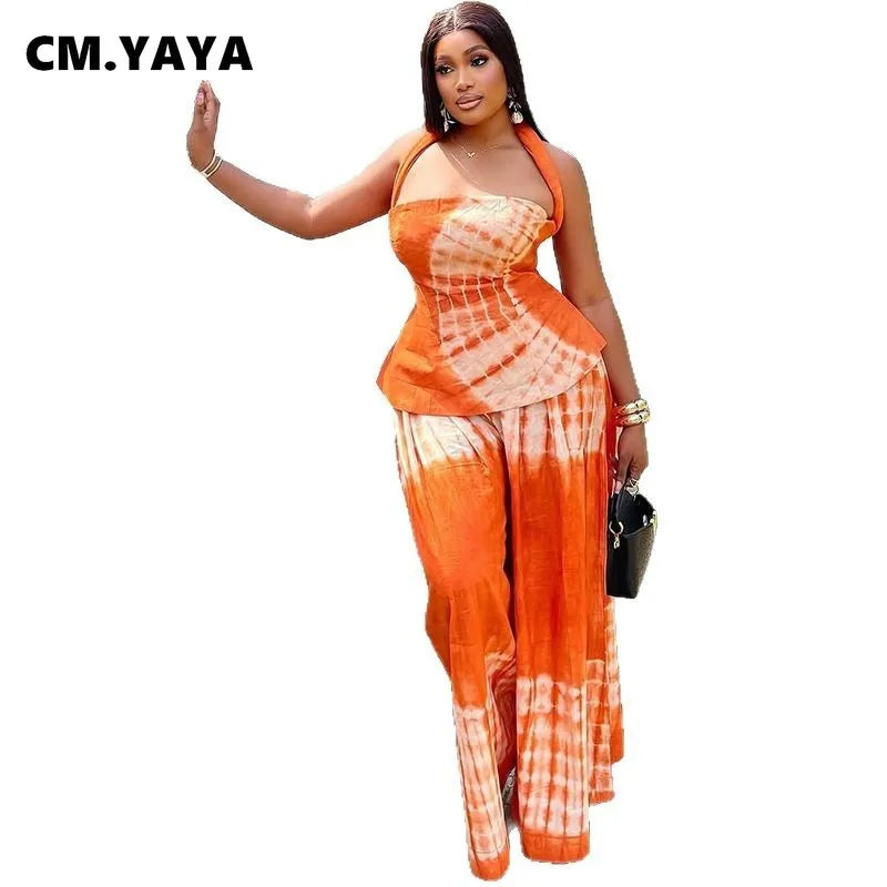 Fashion Tie Dye Printed Women's Set Halter Neck Crop Top and Loose Wide Leg Pants 2025 Two 2 Piece Sets Outfit Tracksuit