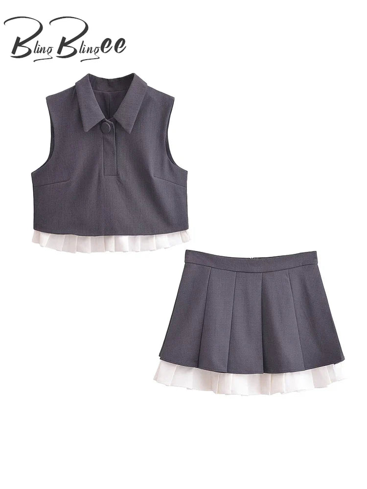 BlingBlingee Summer Women Sleeveless Shirt Mini Skirt Suits Traf Pleated Patchwork Slim Female Crop Top Tanks Sets Y2K Grey