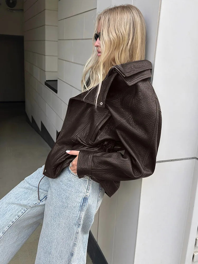 2025 Women Faux Leather Jacket Zipper Stand Collar Long Sleeve Loose Coat Fashion Autumn Winter Lady Thick Warm Outwear