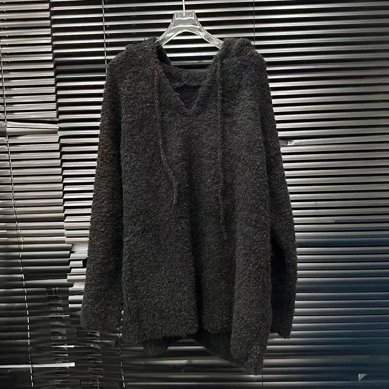 Autumn Winter New Niche Design Lazy Style Fashion Loose Soft Hooded Sweater For Women Elastic Waist Pants 11A07783 only Black Top