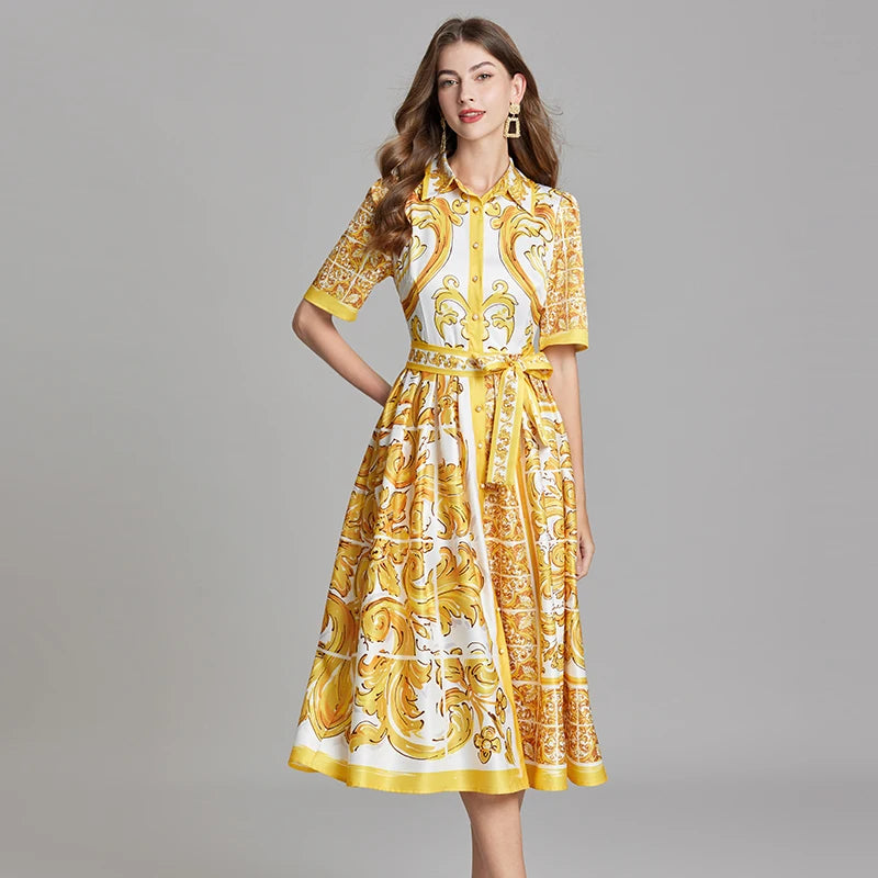 Summer Holiday Yellow Paisley Print Shirt Dresses Women's Turn Down Neck Short Sleeve Belt High Waist Beach Party Vestidos