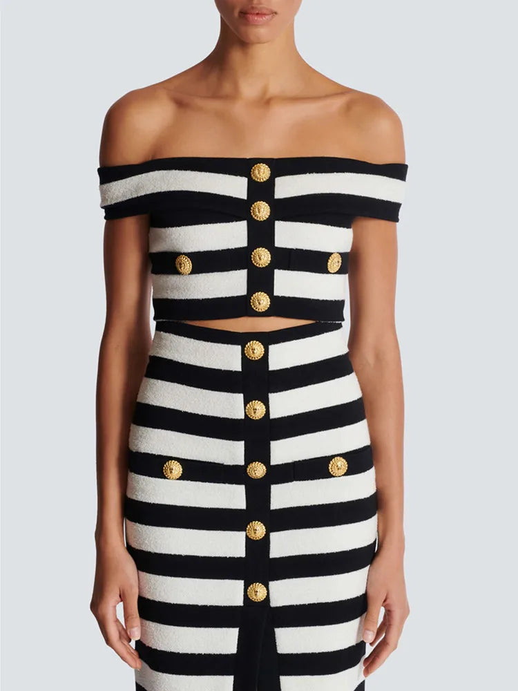 Women Celebrity Sexy Off Shoulder Striped Button Black White Bandage Skirt Set 2024 Knitted Elegant Evening Club Party Clothing