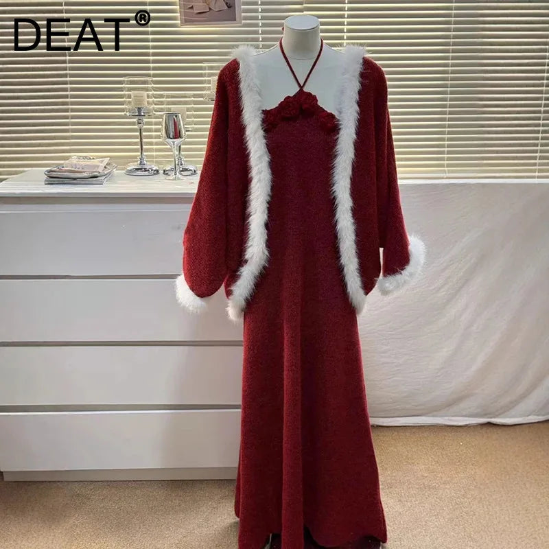 Winter New Fashion Spliced Furry 3D Flower Sweater Coat Evening Party Knitted Dress Two-Piece Set For Women 11A07912
