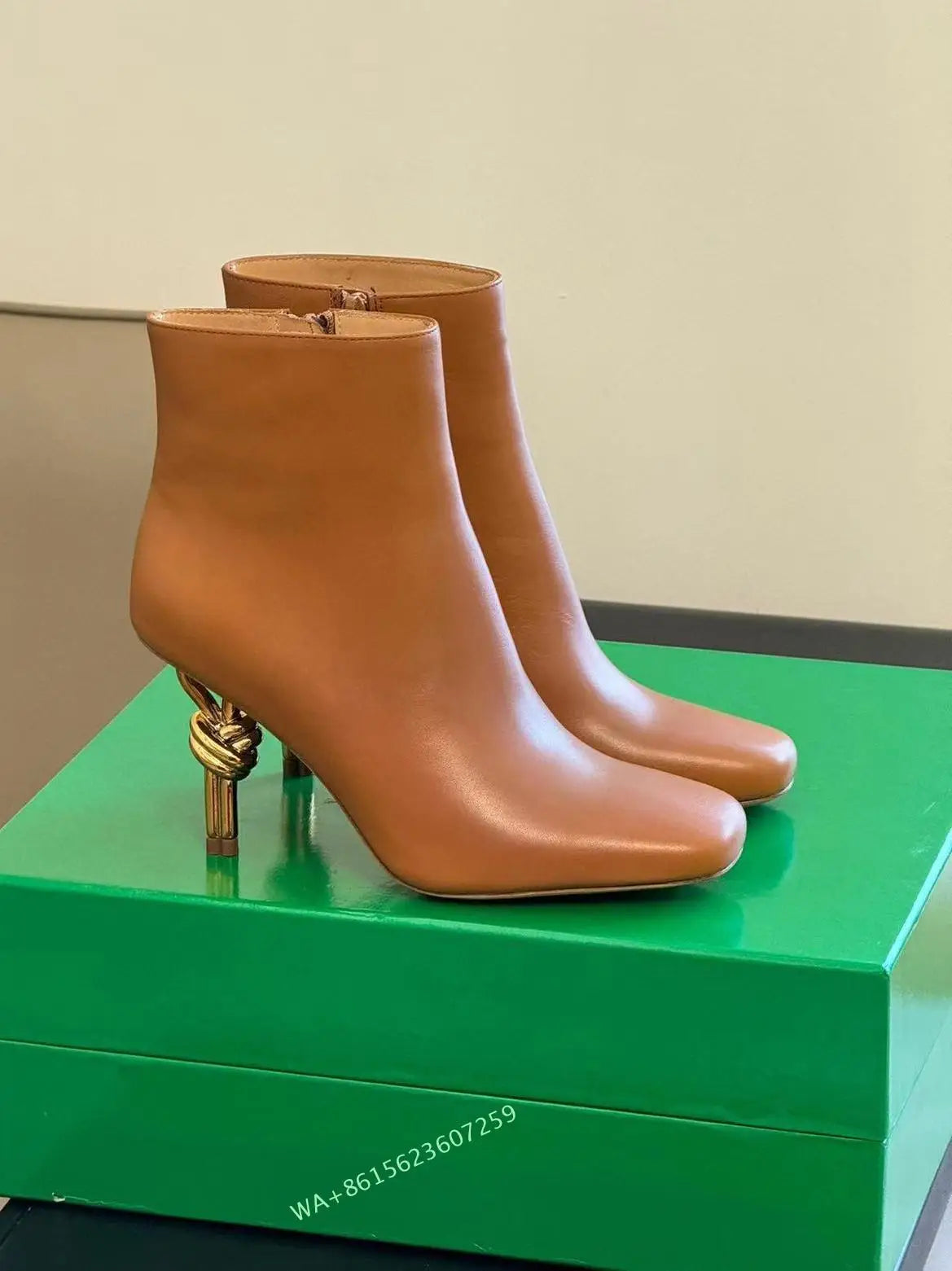 Women Metal Knot Shaped Heel Boots High Heel Ankle Nude Boots Elegant Office Side Zip Square Toe Heels Boots