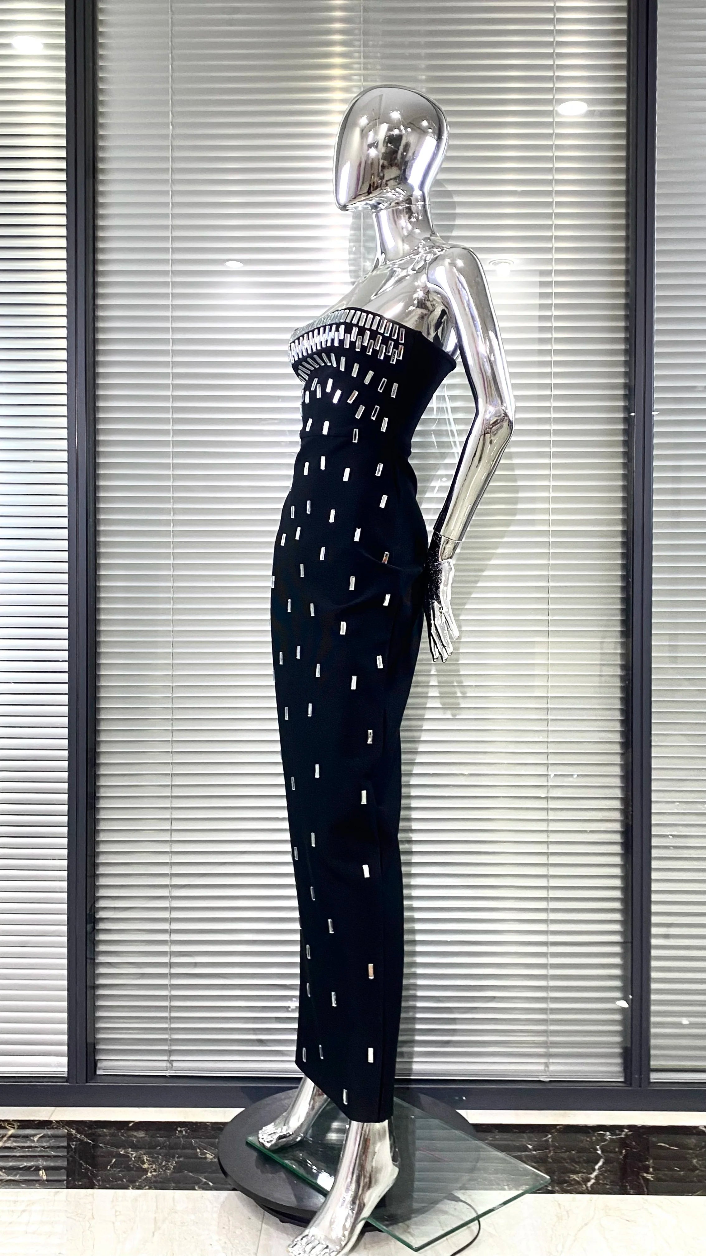 2025 Sparkling Diamonds Fashion Woman Party Dress Strapless Black Bandage Ankle Length Dress Celebrity Birthday Party Outfit