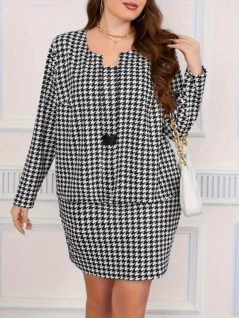 Plus Size Houndstooth Plaid Autumn 2 Two Piece Set Women Long Sleeve Ladies Cropped Coats Sleeveless Slip Modis Woman Mini Dress black