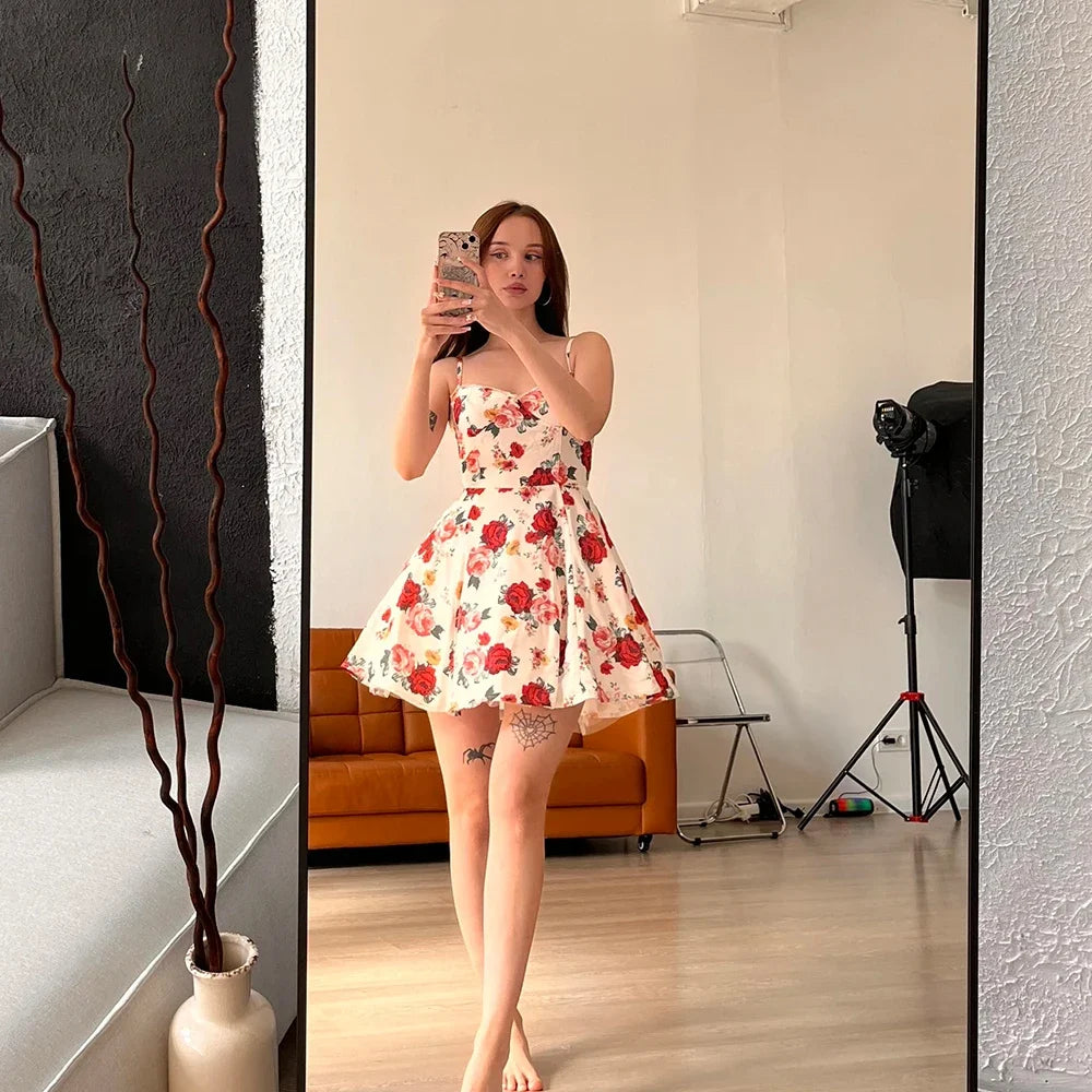 Suninheart Summer Elegant A Line Dress Lovely Floral Print Tulle Skirt Dress Casual Holiday Party Dresses Women 2024 New Arrival floral print