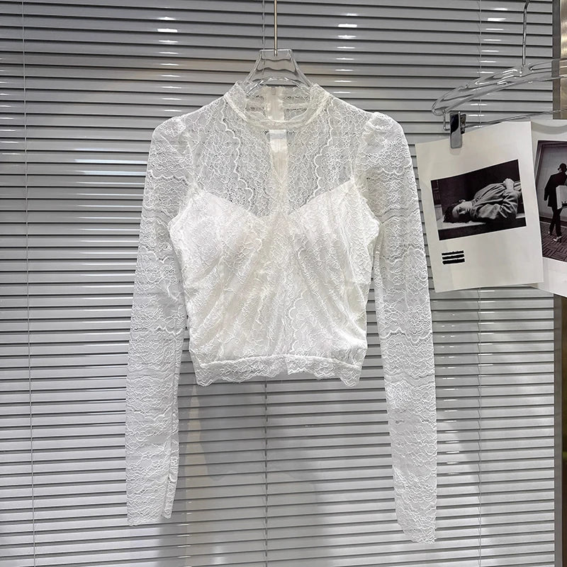 Winter New Fashion Slightly Transparent Lace Design Chest Pad Lined Lace Blouse For Women Versatile Shirts 11A07674 White