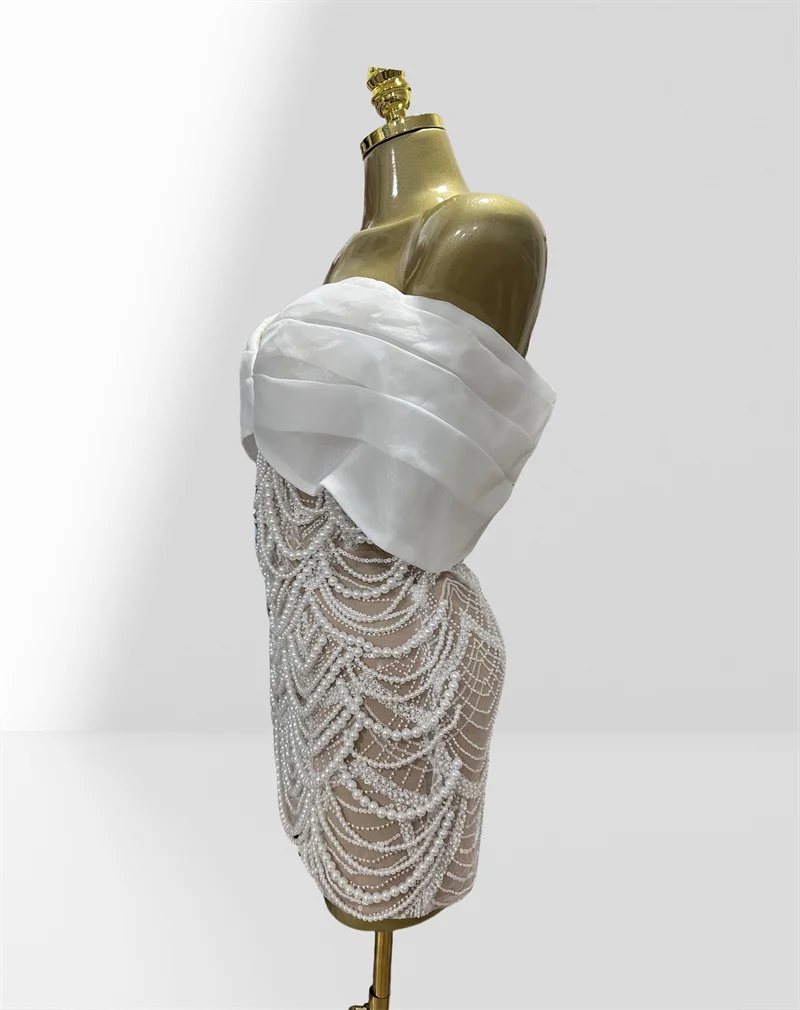2025 Luxury Pearl Beading White Sequins Sexy Off The Shoulder White Mini Dress Woman Wedding Party Vestido Birthday Party Outfit