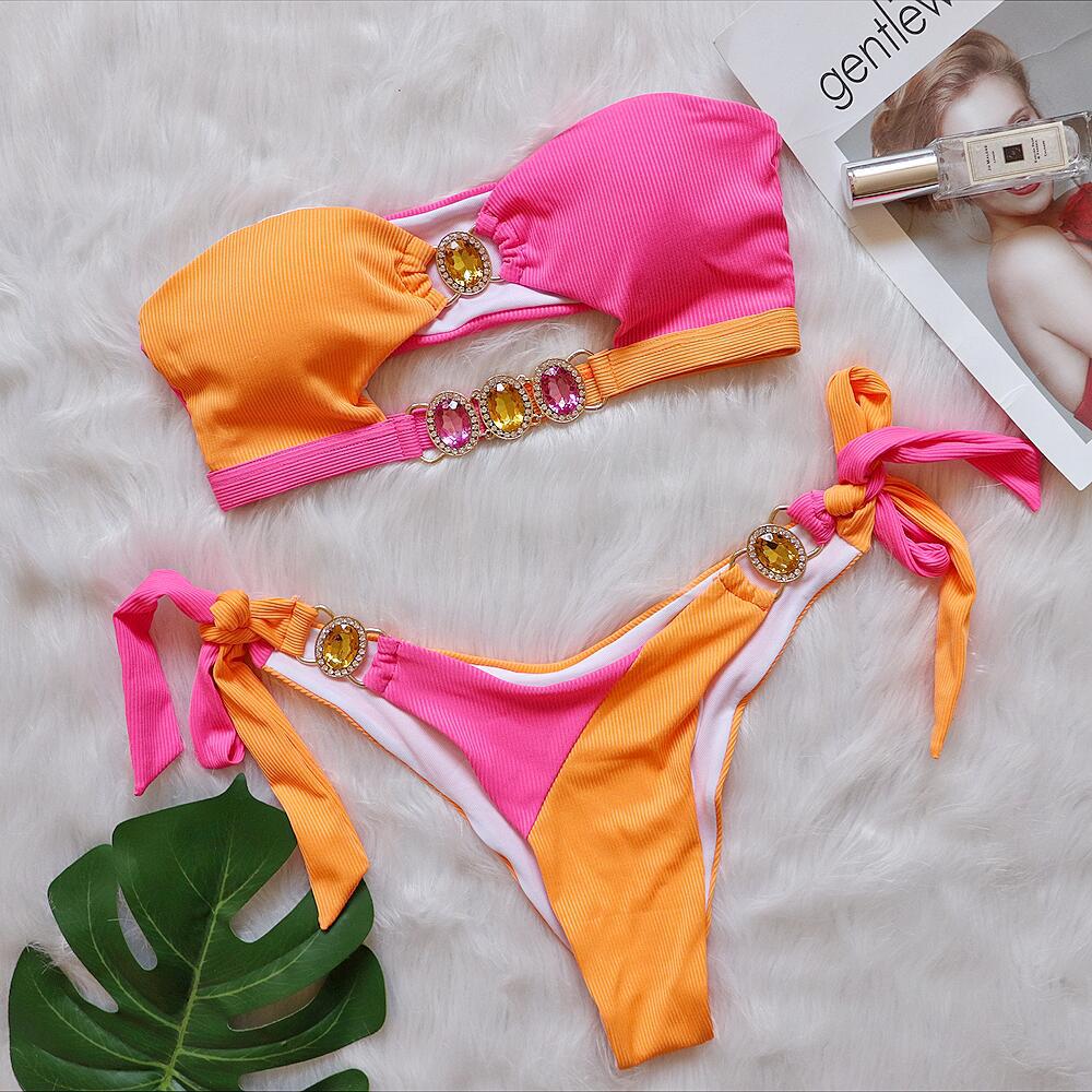 Sexy Bandeau Gathered Bikini Luxury Crystal Diamond Woman's Swimwear Strapless Patchwork Swimsuit Summer Beach Wear Orange