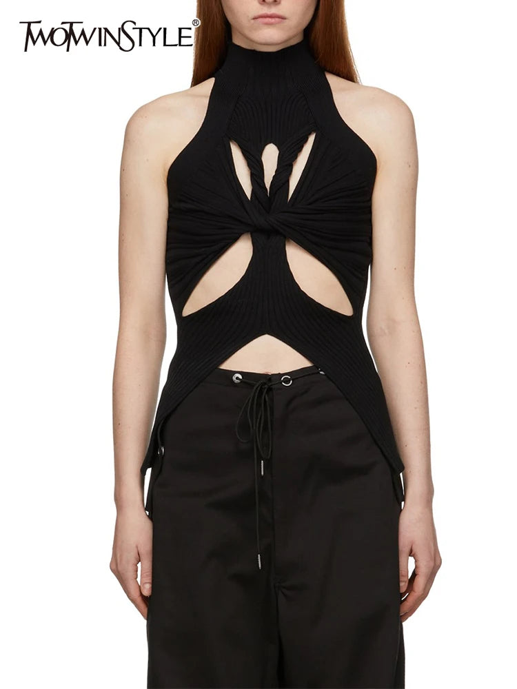 Solid Hollow Out Knitting Tank Tops For Women Turtleneck Sleeveless Off Shoulder Slim Vests Female Fashion Clothing