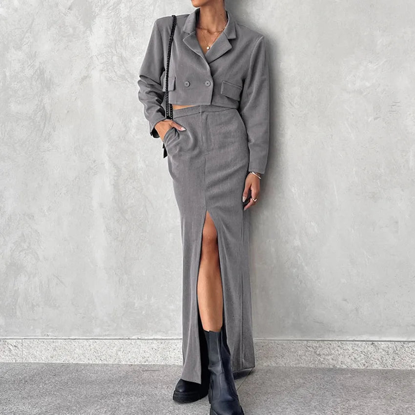 Women's Suit Notched Collar Long Sleeve Crop Blazer High Waist Split Ankle-length Skirts Set Female Autumn