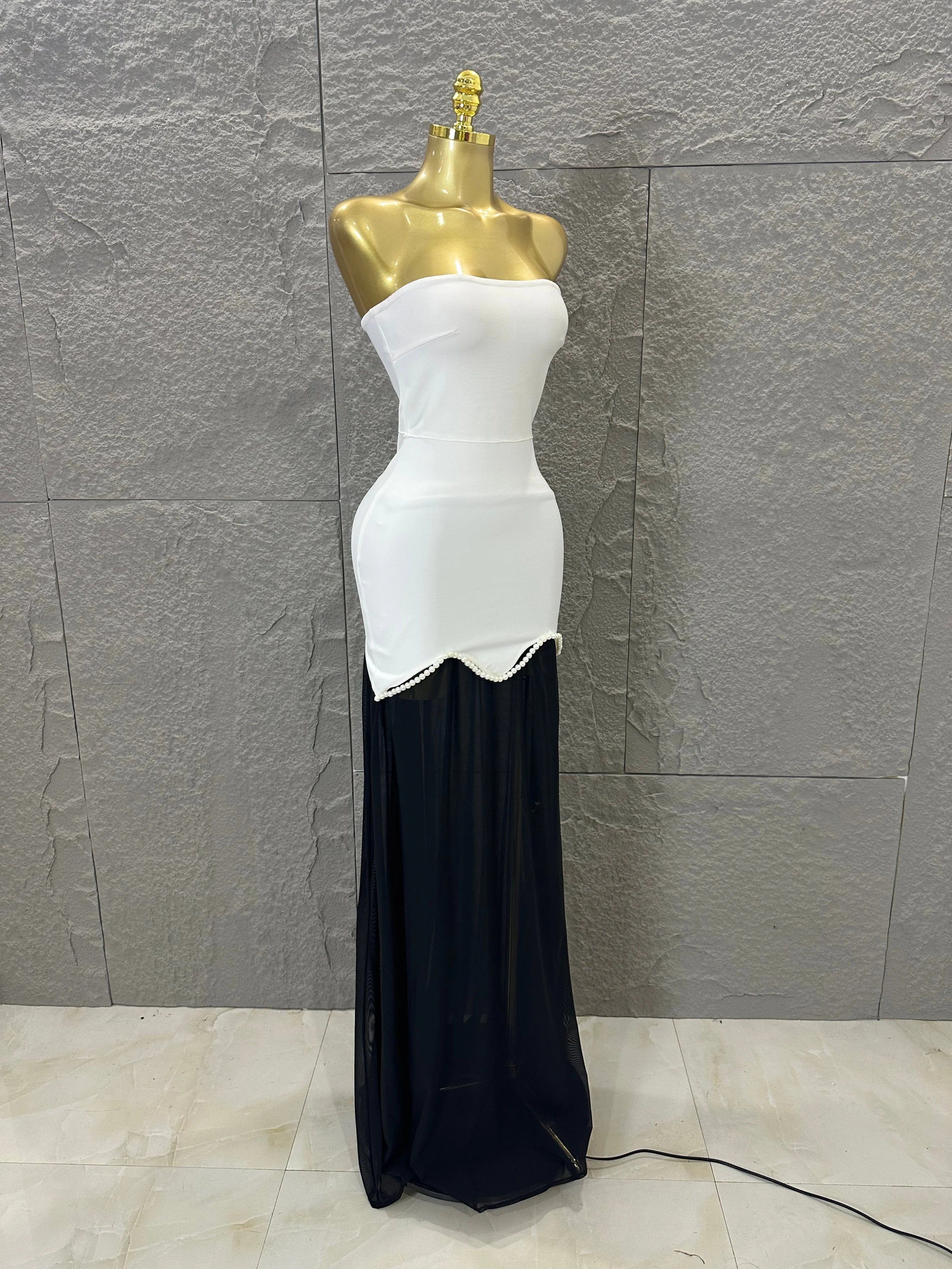 Sexy Black White Maxi Dress Women Sexy Strapless Pearl Embellished Sheer Tulle Bodycon Outfit Formal Event Evening Party Costume