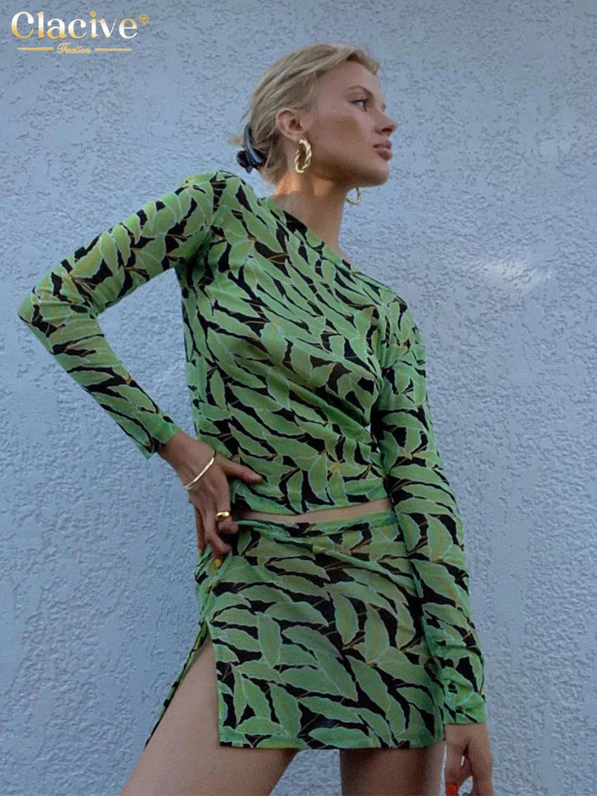 Clacive Bodycon Print Women's Dress Fashion Slim O-Neck Long Sleeve Mini Dress Elegant Classic Slit Party Dresses Female