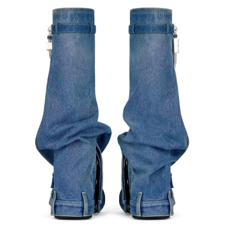 2023 Winter New Style Women's Knee-high Boots Round Toe Platform Wedges Denim Female Shoes Fashion Metal Decoration Boots Woman