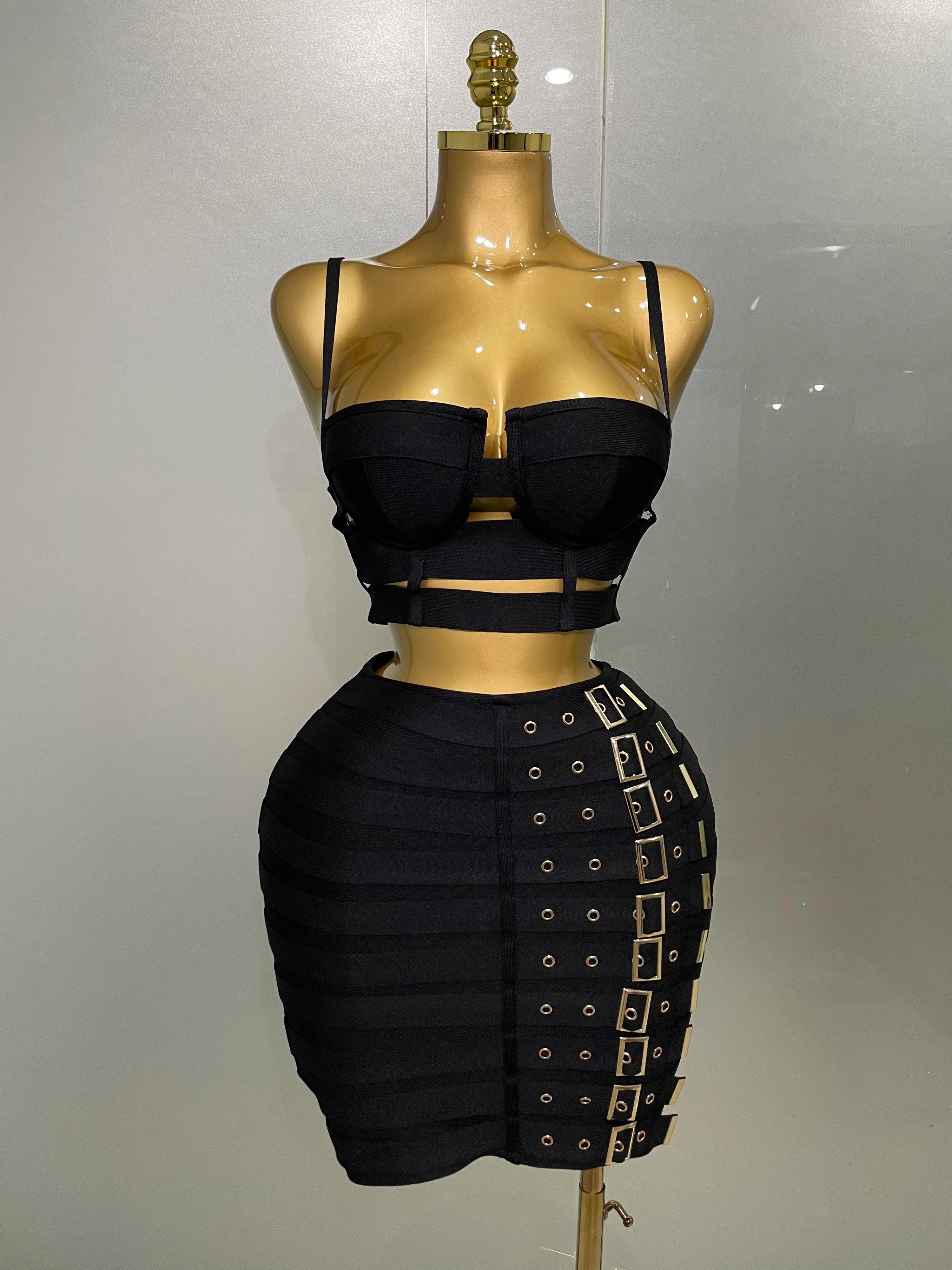 2025 Women Sexy Bandage Tops Fashion Pencil Skirts Set Nightclub Party Celebrate Women's Set black