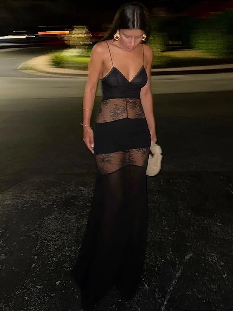 Lace See Through Sling Maxi Dress Women Sexy Slim Black Backless Sleeveless Long Dresses Female Summer Chic Party Evening Robes