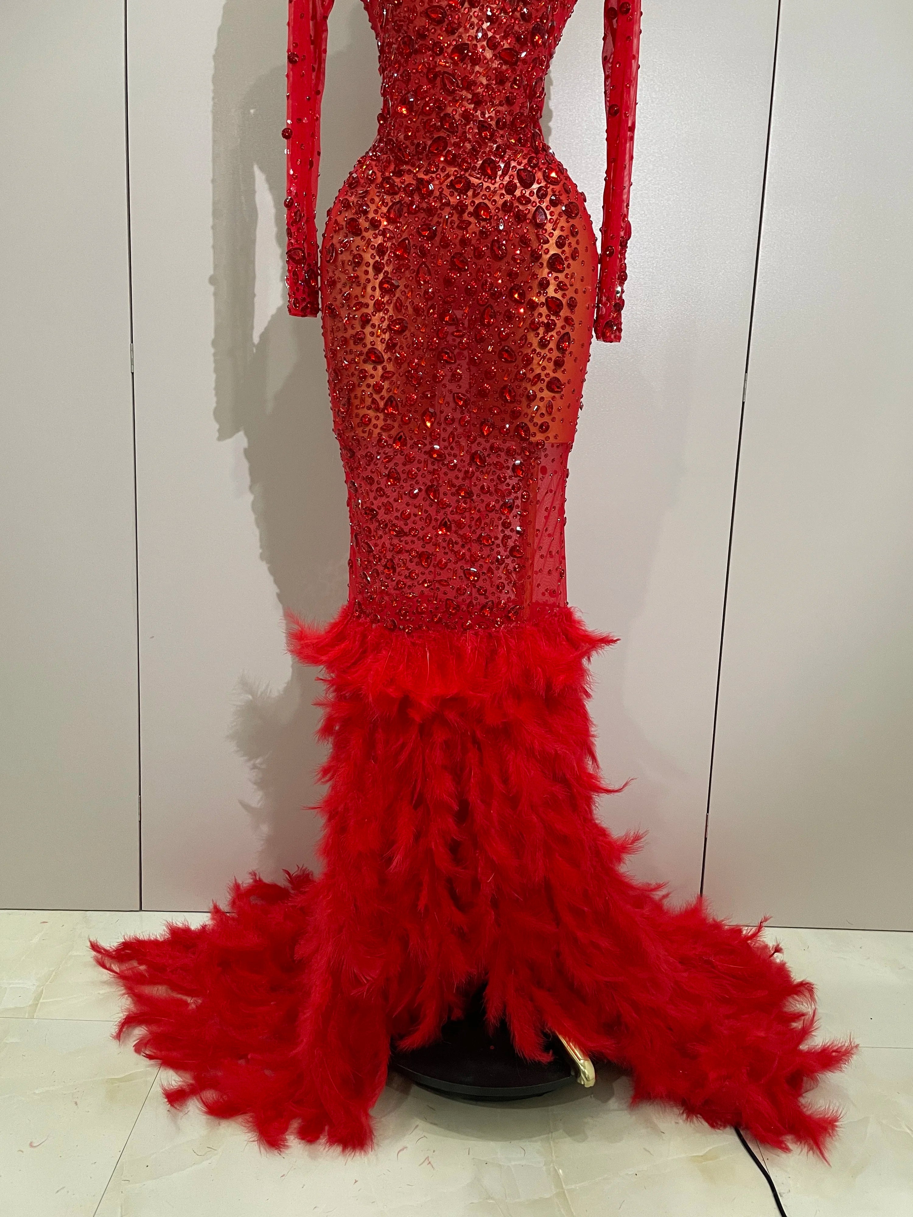 2025 New Sparkling Red Crystals Feathers Long Sleeve Mermaid Maxi Dress Women Wedding Celebrate Luxury Birthday Party Prom Gown