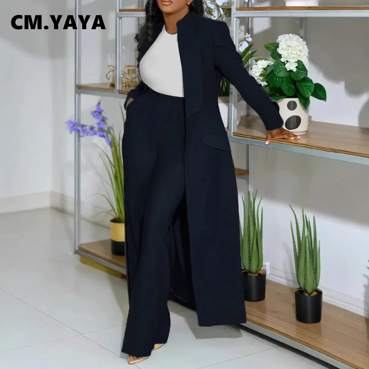 CM.YAYA Women's Set Full Sleeve X-Long Blazer Coat+ Long Pant Suit 2025 Spring Streetwear Two 2 Piece Set Africa OL Work Outfits