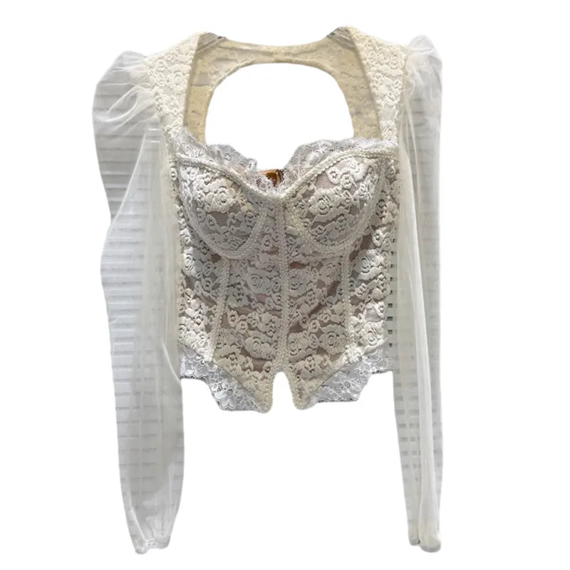 Winter New Fashion Square Neck Mesh Sleeve Fishbone Waist Slim Fit Lace Blouse For Women Backless Shirts 11A07517