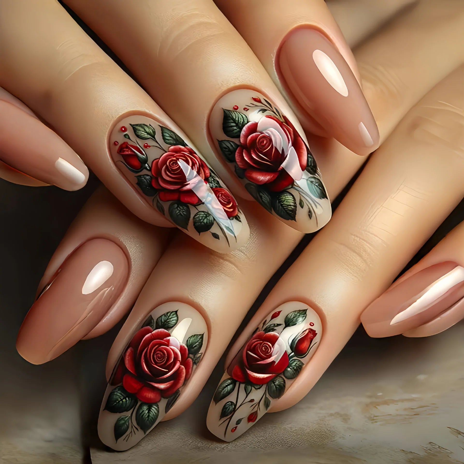 24pcs/set medium long fake nails beautiful rose flowers heart for Valentine's Day Wedding party faux ongles press on false nail 1809