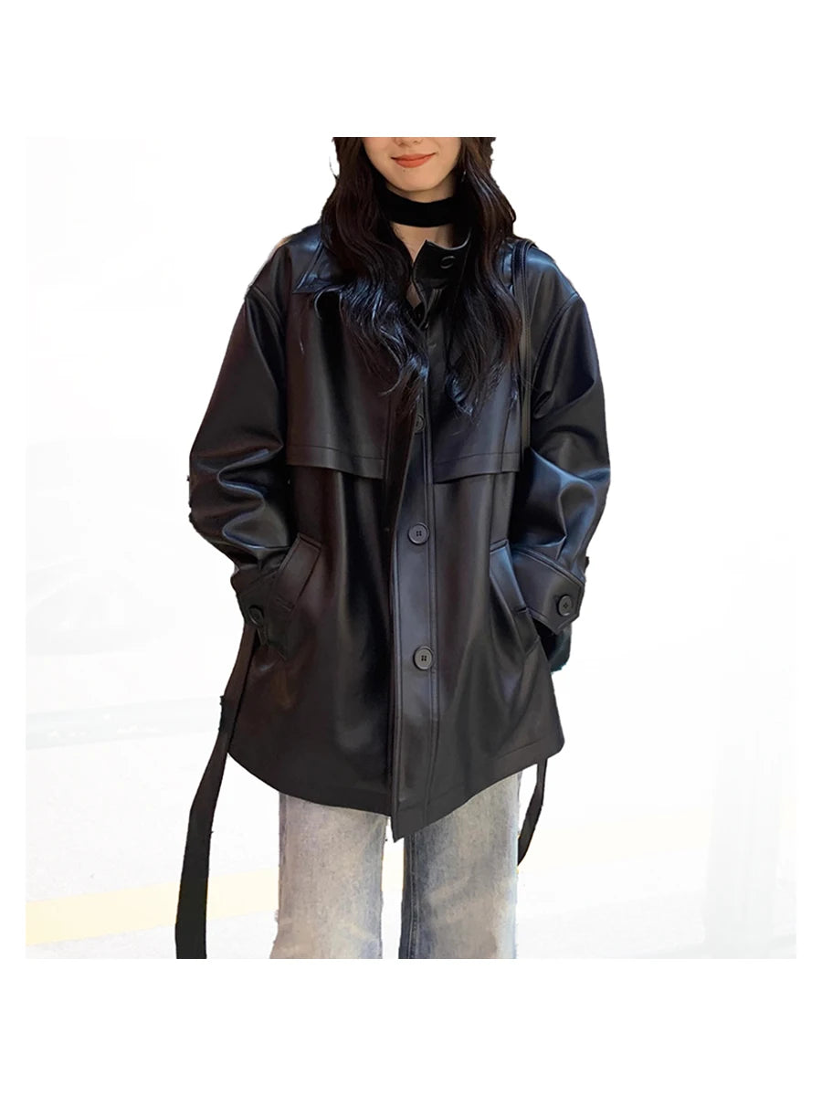 Lautaro Spring Autumn Black Soft Pu Leather Jacket Women Sashes Stand Collar Long Sleeve Elegant Luxury High Quality Clothing