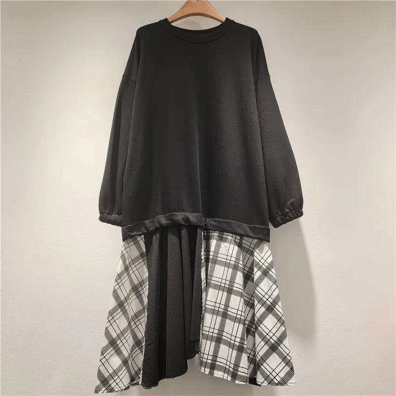 Autumn Winter New Fashion Plaid Fake Two-Piece Patchwork Sweatshirt Dress For Women Mid-Length Dresses Female 11A07720 Black One Size