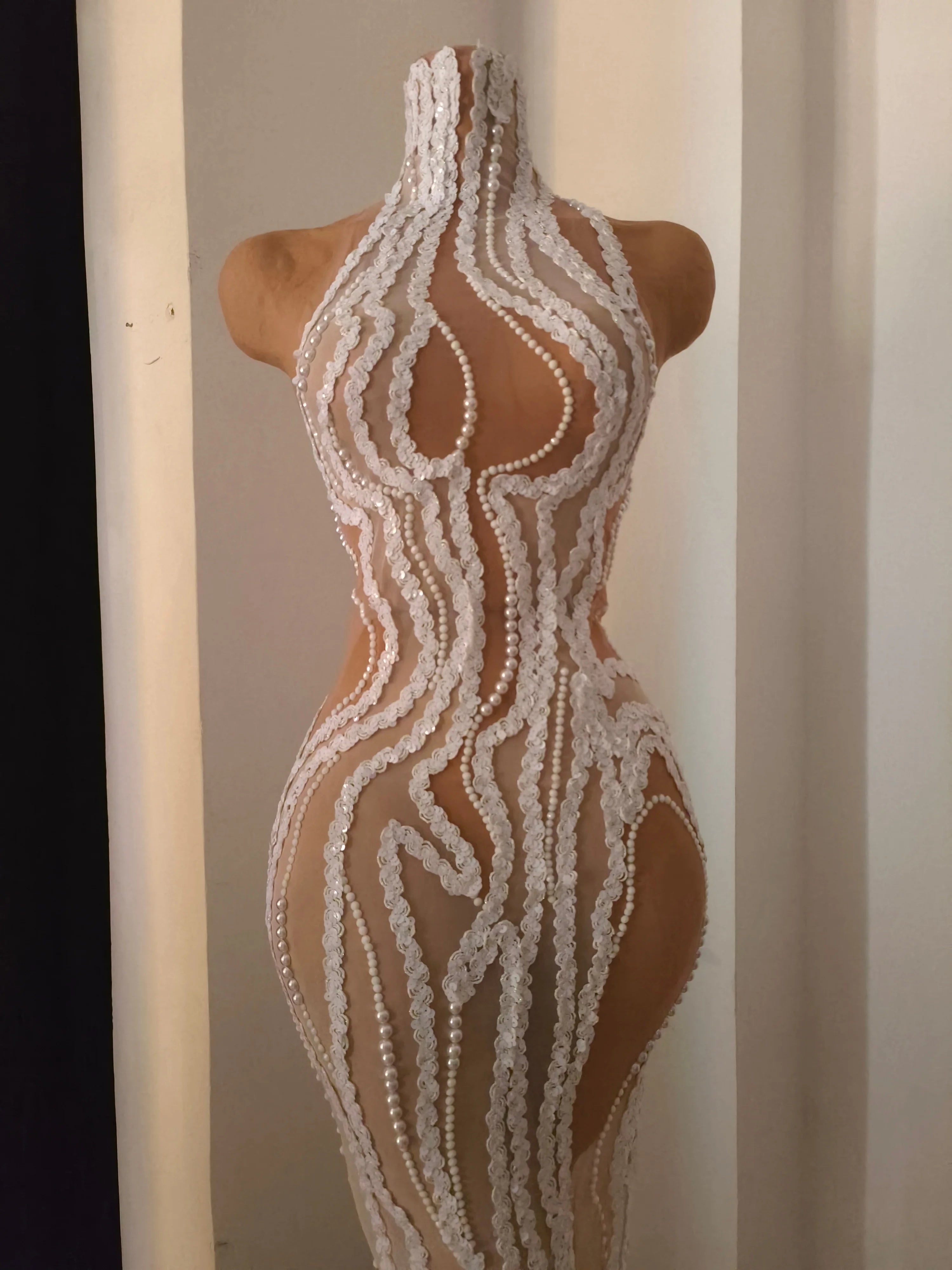 Refined White Sheer Mesh Maxi Dress Women Sexy High Neck Pearl Lace Bodycon Cocktail Nightclub Evening Gala Party Costume