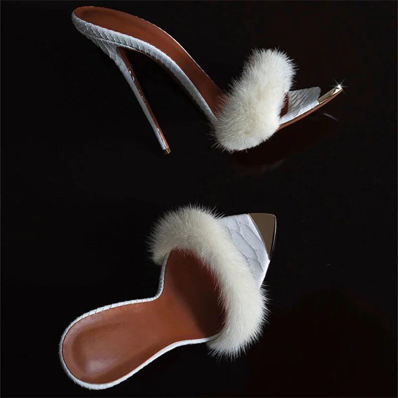 Summer Furry Mules Shoes Peep Toe Thin Heels Slippers Women Sxy Metal Decoration Pointed Toe Gladiator Sandals Party Stiletto WHITE