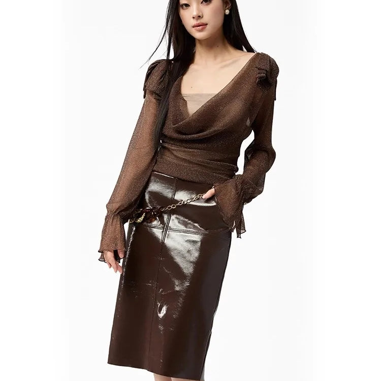 Lautaro Spring Autumn Shiny Reflective Brown Pu Leather Pencil Skirt Women with Back Slit High Waist Luxury Chic Clothes 2025