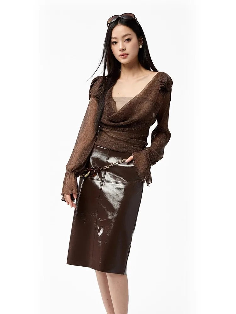 Lautaro Spring Autumn Shiny Reflective Brown Pu Leather Pencil Skirt Women with Back Slit High Waist Luxury Chic Clothes 2025