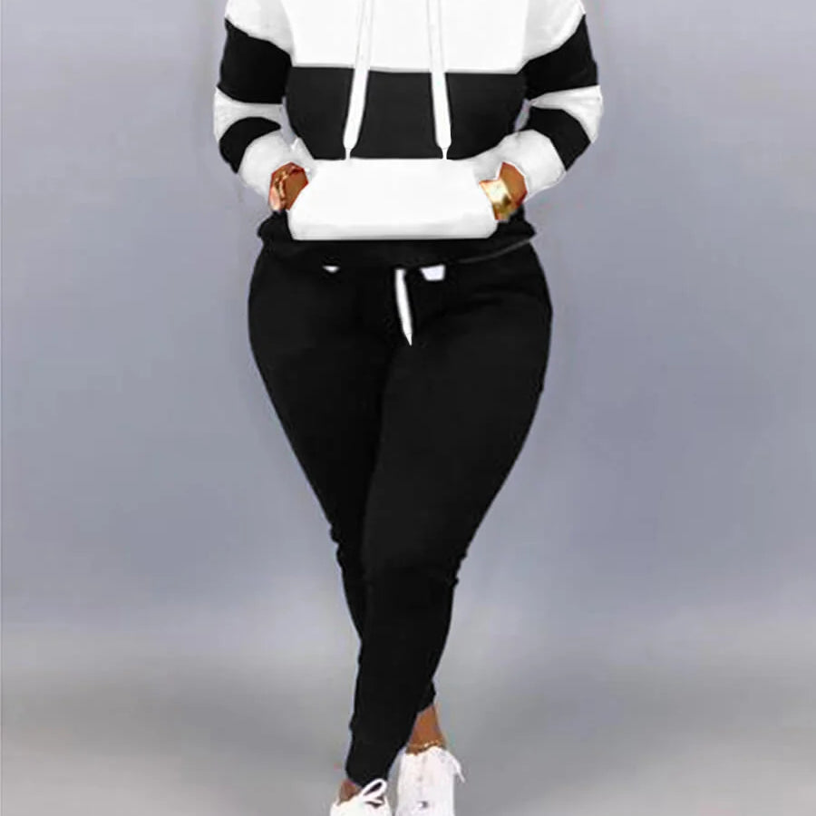 LW Plus Size Sporty Hooded Collar Striped Tracksuit Set Black White Patchwork Kangaroo Pocket Design Tracksuit Sportswear Set black