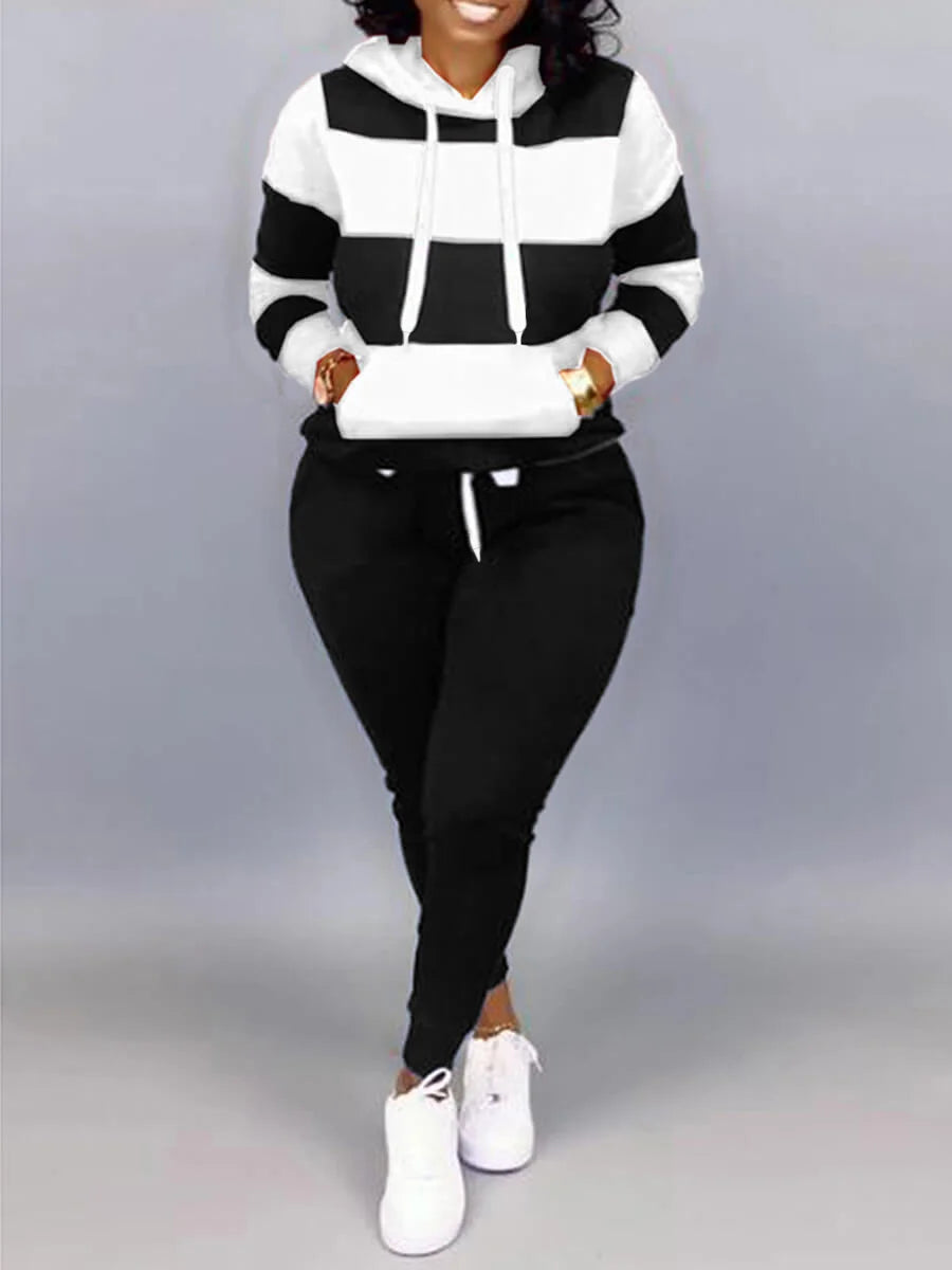 LW Plus Size Sporty Hooded Collar Striped Tracksuit Set Black White Patchwork Kangaroo Pocket Design Tracksuit Sportswear Set black