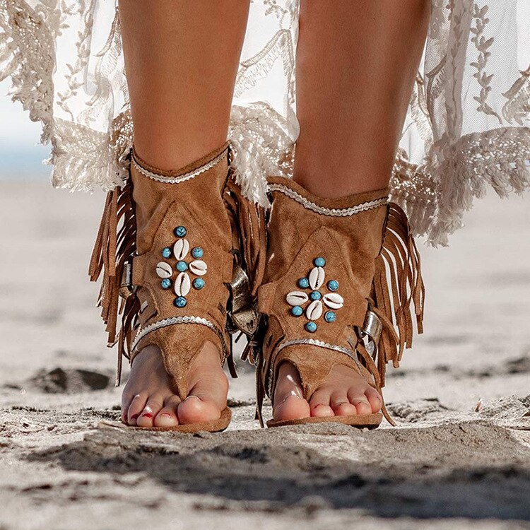 Rétro femmes frange fleur chaussures à semelles compensées solide troupeau plage sandales décontractées femmes été tongs sandales