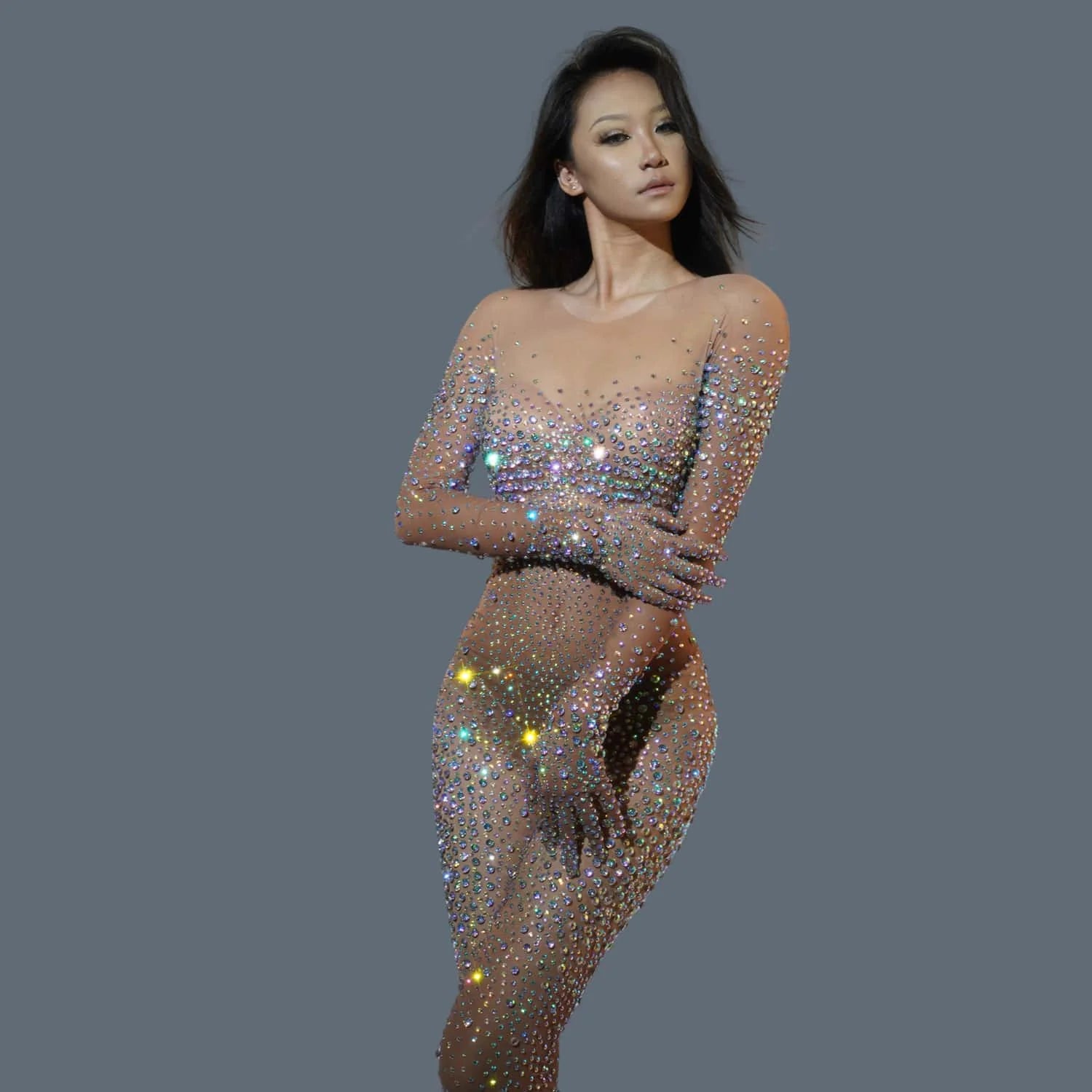 Women Sexy Diamond Shiny Stretch Tight Jumpsuit Party Bar Nightclub DJ Female Singer Stage Performance Clothing Tiaotiaotang MULTI One Size