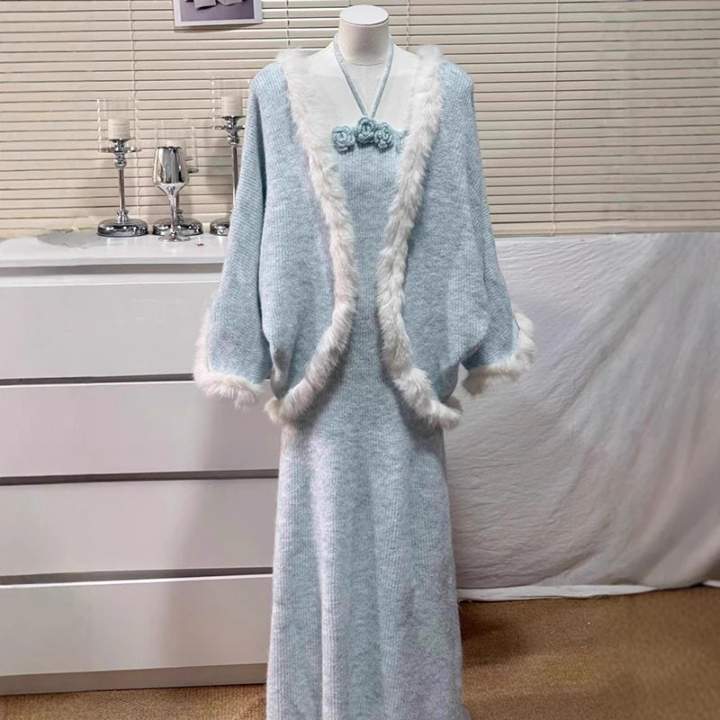 Winter New Fashion Spliced Furry 3D Flower Sweater Coat Evening Party Knitted Dress Two-Piece Set For Women 11A07912 Blue One Size