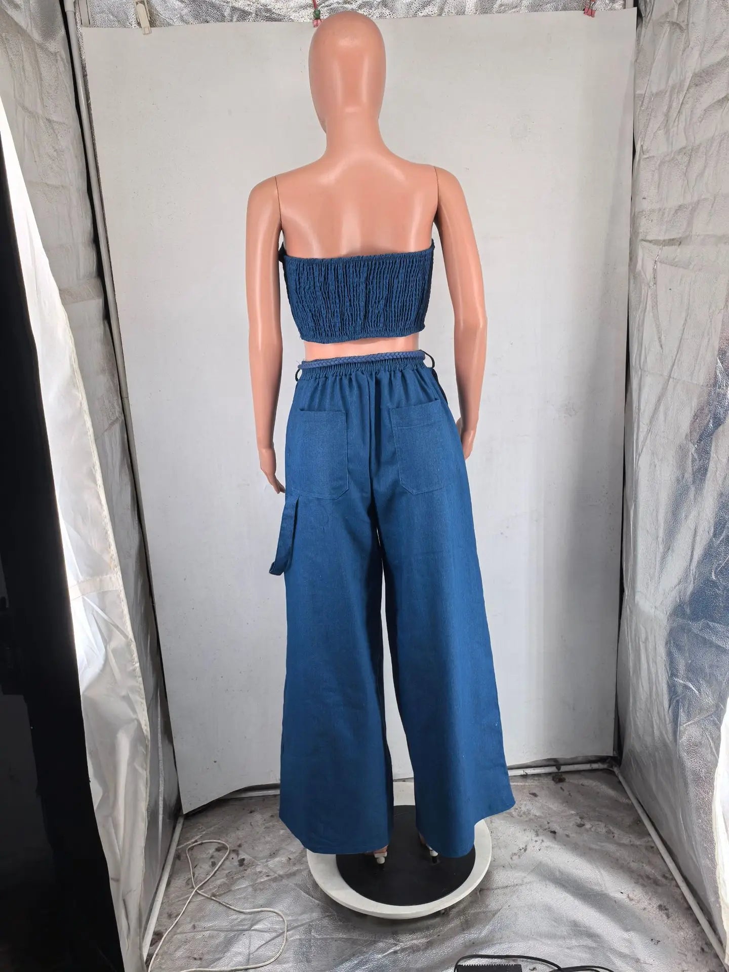 Fashion Denim Women's Set Strapless Crop Top and Wide Leg Jeans Pants Suit 2024 Street Two 2 Piece Sets Outfit Tracksuit